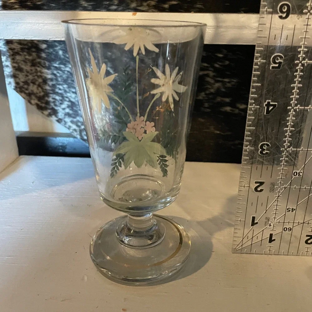 Vintage Floral‎ Edelweiss Clear Glass Footed Vase Bud Vase Hand Painted Decor